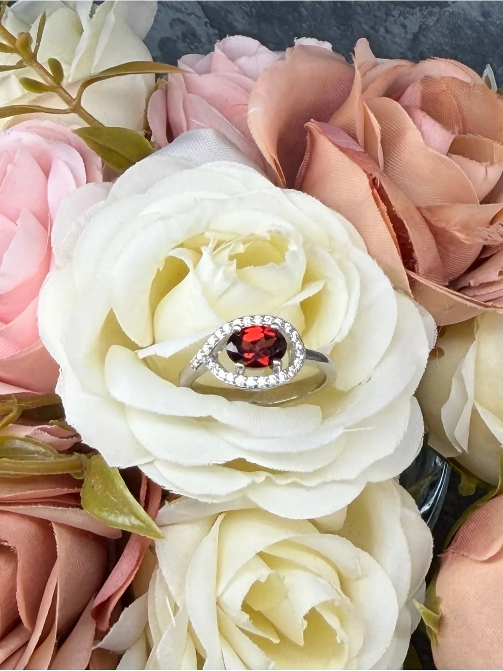 Stunning .90CT Red Garnet Zircon Teardrop Halo 925 Sterling Silver Ring Sz 6